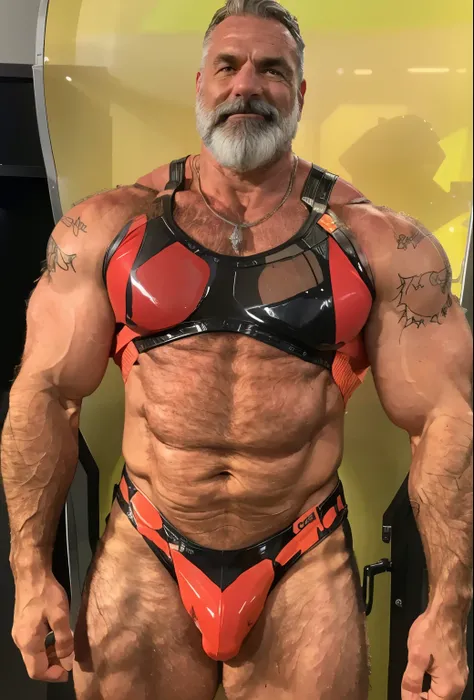 full body portrait, strong burly hairy mature older man(space captain), wearing futuristic captains uniform insignia (neon and black) (open and revealing) (latex) , gray hair, broad shoulders, round belly, thick feet, bulging micro thong, barefoot, scifi s...