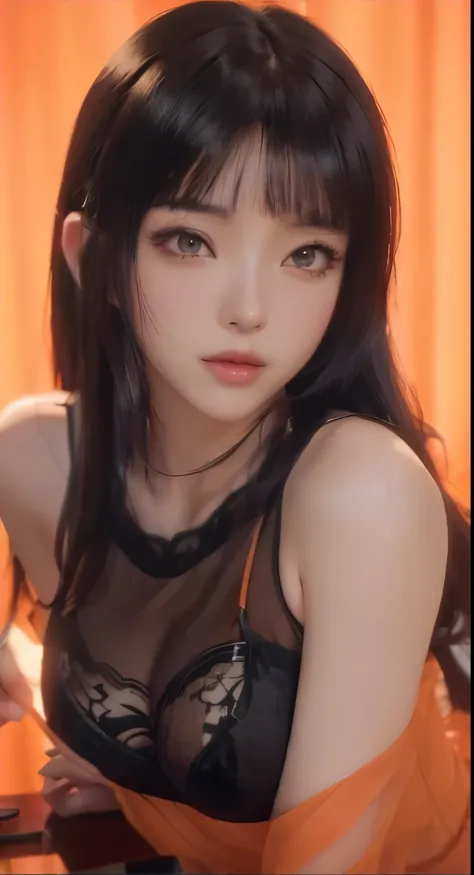 Alafide Asian woman wearing orange transparent lace top posing in front of the camera, Charming anime girl, Realistic Anime girl render, Realistic Anime 3D 风格, Realistic Anime, Sexy portrait of Tifa Lockhart, 3D animation is realistic, Realistic young anim...