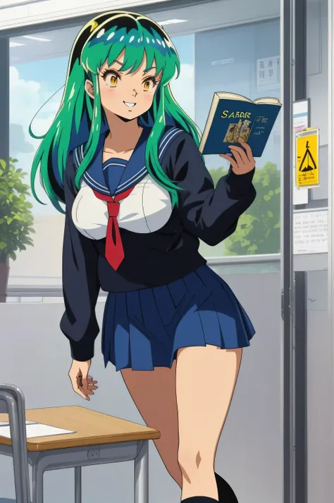 (Anime stuff, Retro art style, Clean brush strokes, Very detailed, Perfect Anatomy, Browsing Caution), Ram, sexy, (Blue-green hair), Long Hair, A bright smile, Tabletop, (Penetration: 1.2), In a glamorous body, Huge breasts:1.5, ((Sailor suit)), ((School u...