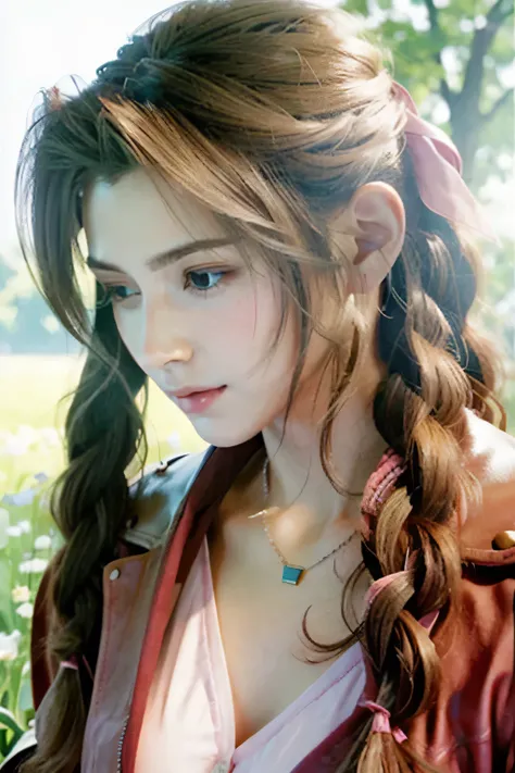 (masterpiece, highest quality)
Aeris FF7, 1 girl, alone, long hair, chest, looking at the viewer, large chest, brown hair, dress, bow, ribbon, jewelry, medium chest, green eyes, Jacket, hair ribbon, Braid, flower, short sleeve, hair bow, side lock, parted ...