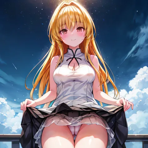 realistically, golden hair, brown eyes, glowing eyes, white short skirt, extra short skirt, Blush, daytime, Wet from the rain, see through, cheongsam dress, cheongsam, sleeveless shirt, nipples, pussy, crotch, big smile, Sit with your knees raised, windy, ...