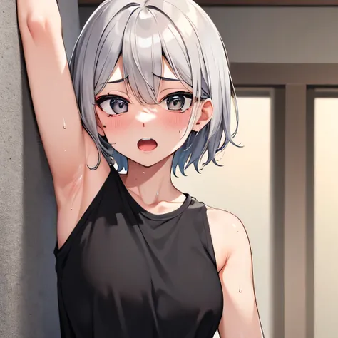 highest quality,32k,Raw photo,Sweat, Ahegao,Short gray hair,Raise your arms