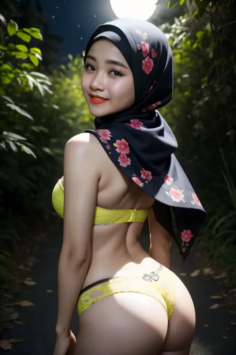 Lace, (Happy smile), (((HIJAB MALAY GIRL))), masutepiece, High quality, UHD 32K, Realistic face, Realistic skin feeling , A Japanese Lady, 8 years old, , Very cute and baby-like face, (((FLAT CHEST))), (Night time at forest), ((look In front  at the camera...