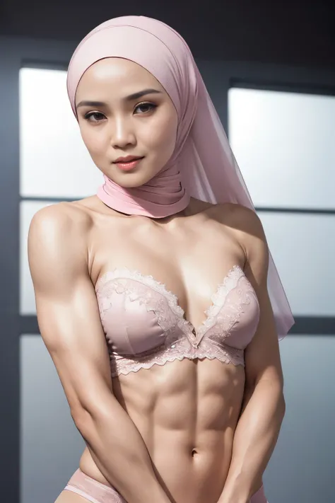 ((SHORT HIJAB)), ((Flat chest:1.7)), (dynamic photograph of a 58 year old Indonesian woman), (slim top, cotton panties), (straight non curly hair), (highly detailed face:1.4), (vascular muscles and abs:1.3), (background inside light, bright, private gym:1....