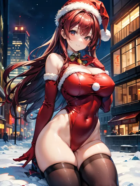 highest quality、Nice sexy body、One Woman、solo、(Beautiful busty woman:1.5)、Medium hair woman、((Woman with dark red hair))、Santa Claus Costume、Woman wearing a Santa Claus hat、(A woman wearing a red Santa Claus high-leg leotard:1.3)、(A woman wearing brown pan...