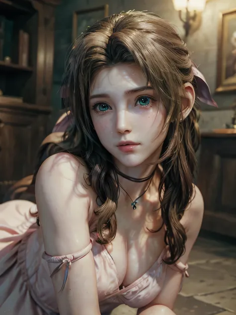 (masterpiece, best quality:1.4), (future days), (1girl), solo, (european youth:1), aerith gainsborough, choker, cropped jacket, hair bow, bracelet, pink dress, brown boots, long hair, hair ribbons, strapless red dress, high heels hyperrealistic, high detai...