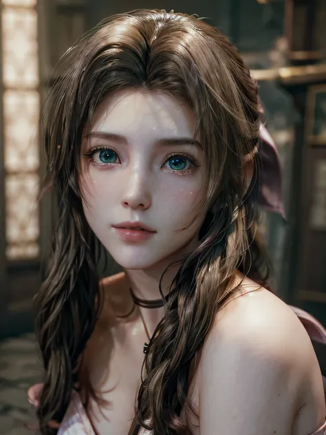 (masterpiece, best quality:1.4), (future days), (1girl), solo, (european youth:1), aerith gainsborough, choker, cropped jacket, hair bow, bracelet, pink dress, brown boots, long hair, hair ribbons, strapless red dress, high heels hyperrealistic, high detai...
