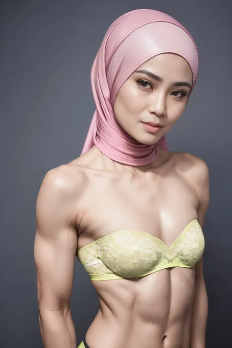 ((SHORT HIJAB)), ((Flat chest:1.7)), (dynamic photograph of a 58 year old Indonesian woman), (slim top, cotton panties), (straight non curly hair), (highly detailed face:1.4), (vascular muscles and abs:1.3), (background inside light, bright, private gym:1....