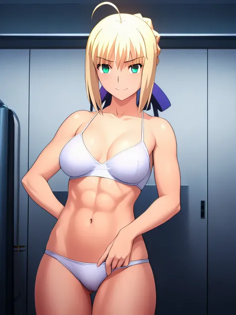 best quality, masterpiece, highres, details, realistic, ray_tracing_graphic, solo, adult_female, {saber_fatestaynightufotable:1.15}, blonde_hair, little_ahoge, green_eyes, blue_ribbon, 1girl, anime_coloring, full_body, blushing_face, five_fingers, blush, l...