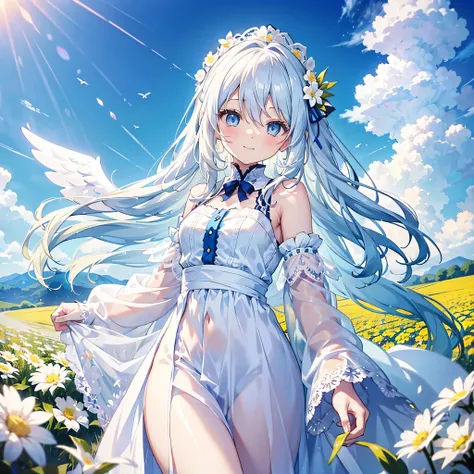 Alone, Pretty woman with long white hair and blue eyes、short、Flower Field、Smiling face close-up、Yellow dress、White lace cardigan draped over shoulders、18-year-old、Adorable smile、Angel wings on the back、Corolla on the head、Less exposed skin、pastel colour、cu...