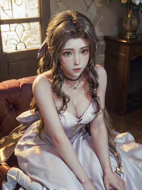 (masterpiece, best quality:1.4), (future days), (1girl), solo, (european youth:1), aerith gainsborough, choker, cropped jacket, hair bow, bracelet, white dress, brown boots, long hair, hair ribbons, strapless red dress, high heels hyperrealistic, high deta...