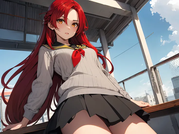 1girl, lisara restall, ((red hair:1.5)),
BREAK (grey sweater, black sailor collar, yellow neckerchief, black skirt:1.2), BREAK Wariza, standing,
BREAK ((anime girl)), best quality, expressive eyes, perfect face, (masterpiece), best quality, expressive eyes...