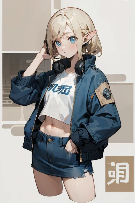 Wearing a blue jacket and black and white clothing、Anime girl wearing headphones, (masterpiece, best quality) detailed,silver accessories , Blonde ,elegant, Pointed ears ，Chinese element pattern，Wear a white shirt and denim skirt,ripped cropped T-shirt,Nav...