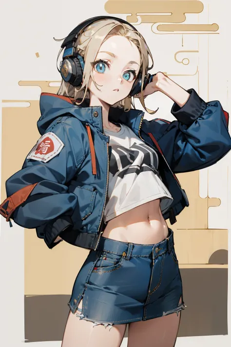 Wearing a blue jacket and black and white clothing、Wearing headphones, (masterpiece, best quality) detailed,silver accessories , Blonde ,elegant, Pointed ears ，Chinese element pattern，Wear a white shirt and denim skirt,ripped cropped T-shirt,Navel exposed,