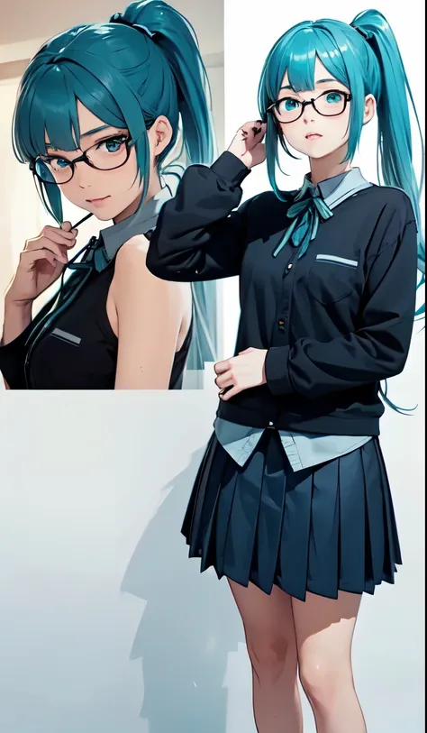 Hatsune Miku、ponytail、Gradient Color Hair、Tying up hair、Multicolored Hair、Cut the sheet、squint、three views, front and Back and sides,Three Views, front, Back and sideessy Hair、Blunt bangs cut、Pleated skirt、Black Shirt、Striped Hair、Messy Hair、Sloppy、squint、...