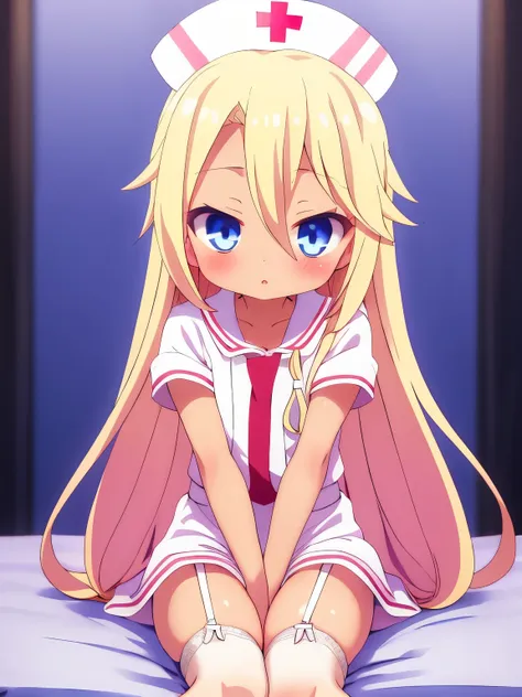 lolicon, long blonde hair, tanned  skin,blue eyes,nurse, garter belts,sitting ,hospital