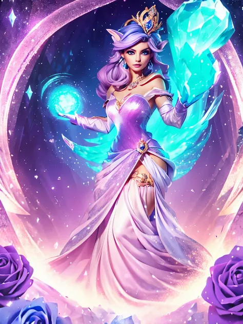 uma mulher de cabelos azuis amarrado em um coque, vestindo um vestido curto branco com detalhes em roxo e dourado, essa mulher t...