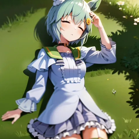 Seiun Sky | Uma Musume: Pretty Derby,horse ear,grassy ground,afternoon,sleeping,dandelion hair clip,lay on the ground, competition uniform,taking a nap,Victory server,Frilled Skirt