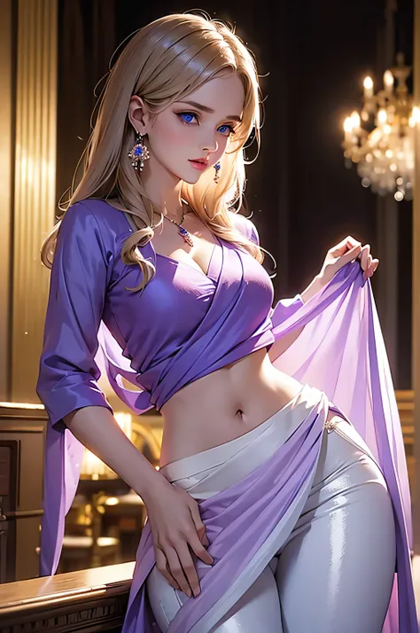russian beautiful girl in purple and white saree, small cleavage line, medium breast, beautiful blue eyes, black jeggings, puffy, saree, blouse