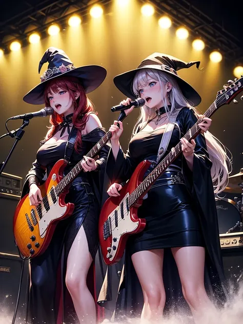 a three-woman metal band dressed in witch costumes、arrived in japan and held a mass at a live venue、neck slashing pose、the inten...