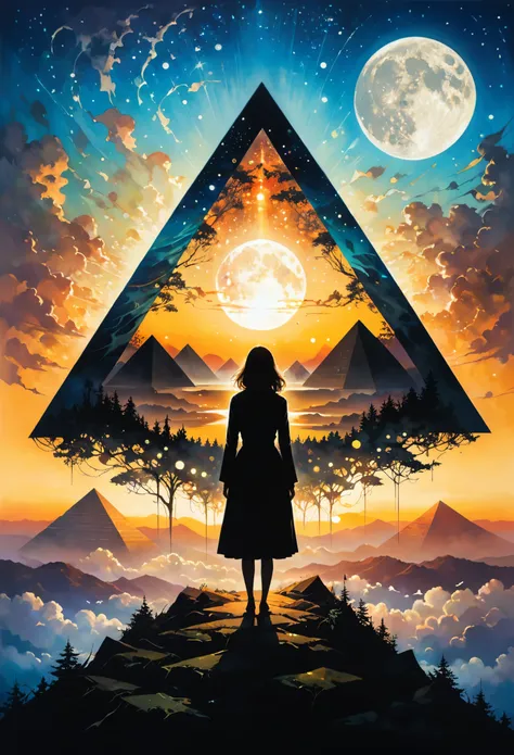 mysterious landscape photography，cartoon oil painting style，mysterious silhouette woman，（light shining on a pyramid prism，the da...