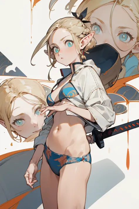 Wearing a bikini、Wearing a hat and a sword,Wearing headphones, (masterpiece, best quality) detailed,silver accessories , Blonde ,elegant, Pointed ears ，Chinese element pattern，Wear a white shirt,Navel exposed,