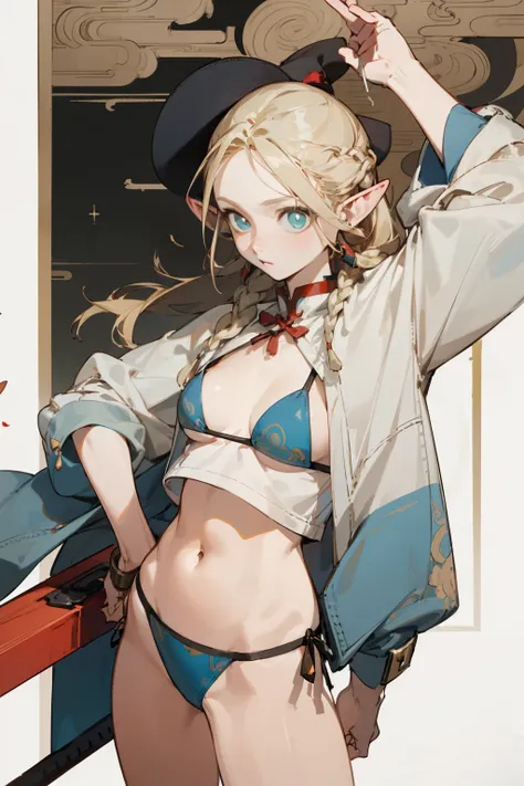 Wearing a bikini、Wearing a hat and a sword,Wearing headphones, (masterpiece, best quality) detailed,silver accessories , Blonde ,elegant, Pointed ears ，Chinese element pattern，Wear a white shirt,Navel exposed,