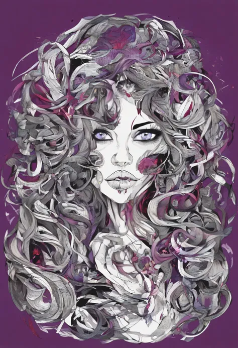 Her hair, an indeterminate color between black and purple, falls to her shoulders in chaotic curls, creating an aura of wildness and unpredictability. Her eyes, shining with reflective darkness, seem to be immersed in some distant and dark reality.

Her cl...