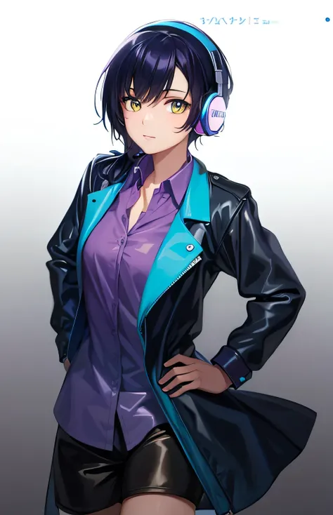 (best quality, higher), blue and yellow eyes anime girl with headphones and a deep blue  jacket. wearing a light purple shirt, black hair,  cyberpunk fashion, vibrant colors, female model,  white background,  artistic portrait, realistic detail, masterpiec...