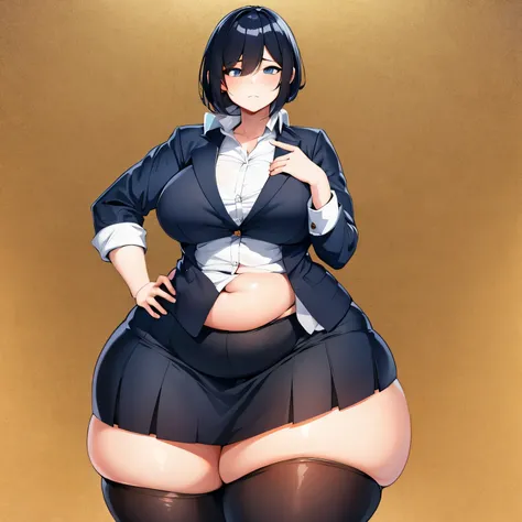 Cute tomboy girl wearing a business suit, she has very wide hips, her thighs are very thick, her legs are fat, her skirt is tight on her hips, her behind is plush and plump, she has love handles on her hips, fat love handles, shes chubby, she has a pudgy b...