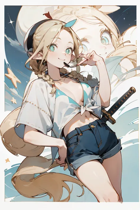 Wearing a bikini、Wearing a hat and a sword, Wearing headphones,(masterpiece, best quality) detailed,silver accessories , Blonde ,elegant, Pointed ears ，White shirt，shorts，Double tail，Waist-length hair，Smile，Star decoration，Wearing a straw hat