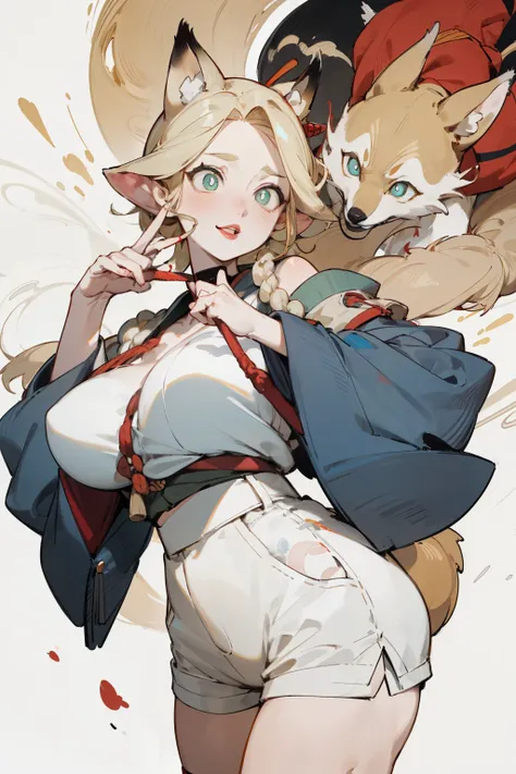 Upper body standing painting, White skin, (Fox ears), Exquisite eyes,Red Eyeshadow, Red lips，White shorts,Fake laugh, Ukiyo-e, masterpiece, high quality, at the lowest limit, Tiny,White boots，Huge breasts