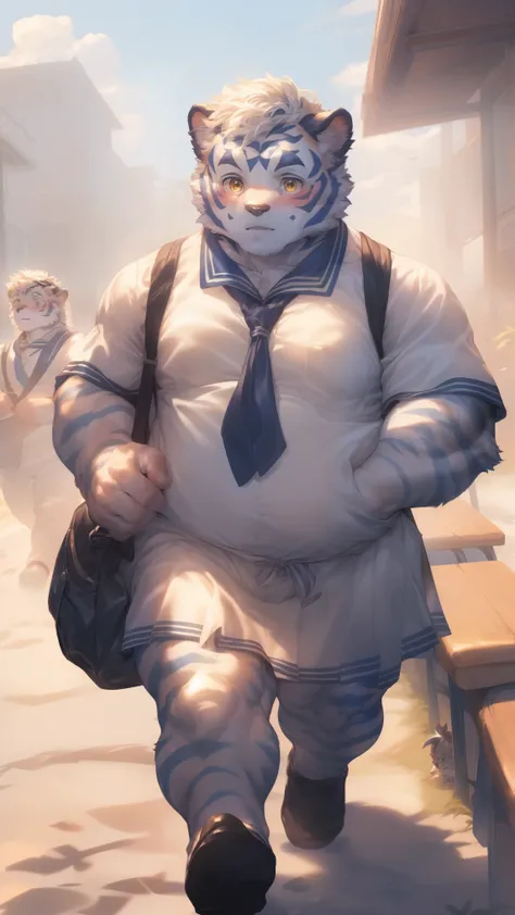 (through empty ghost, From thebigslick, through dark gems, Will chase), Keyuan Tower (Onmyoji Daisenji Temple), High quality photos, Perfect anatomical structure, Anthropomorphic white tiger, Men, 16 years old, thick eyebrows, (short hair:1.5), Light blue ...