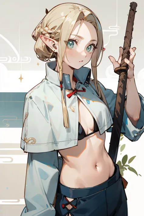 Wearing a bikini、Wearing a straw hat and a sword,Wearing headphones, (masterpiece, best quality) detailed,silver accessories , Blonde ,elegant, Pointed ears ，Chinese element pattern，Wear a white shirt,Navel exposed,