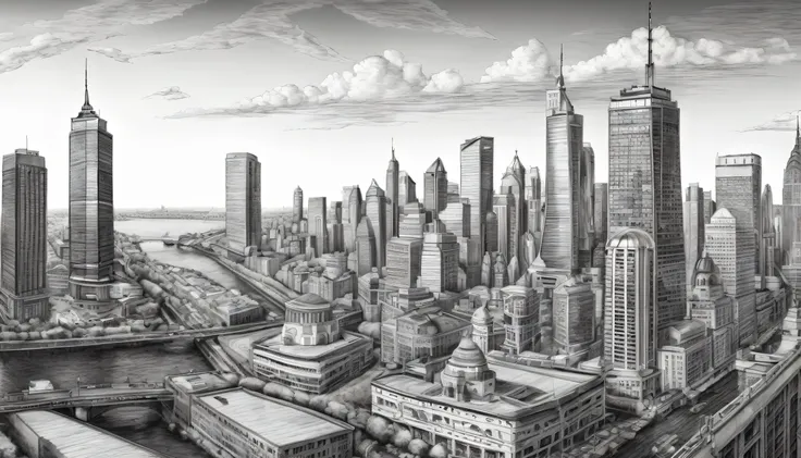 Create a pencil sketch of a bustling cityscape from a panoramic viewpoint, capturing clear and detailed imagery. Ensure the depiction of bustling activity with depth and intricacy. Utilize a large-sized paper and high-quality pencils to achieve stunning cl...