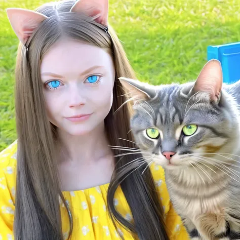 A cartoon girl with a cat. Cat has blue eyes not the girl. The girl has long hair with h clip and out on yellow dress. 