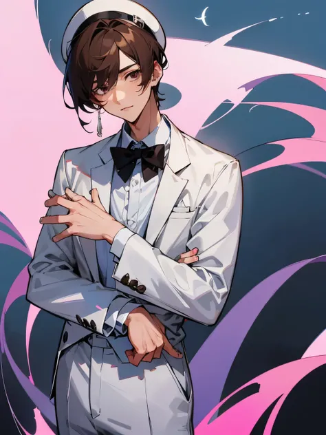 cartoon of a young man standing, with a black loop bow tie and with a white milkman hat, ddlc, in the art style of 8 0 s anime, 9 0 s anime style, 90s anime style, in anime style, in an anime style, anime aesthetic, anime vibes, 9 0 s anime aesthetic, 9 0 ...