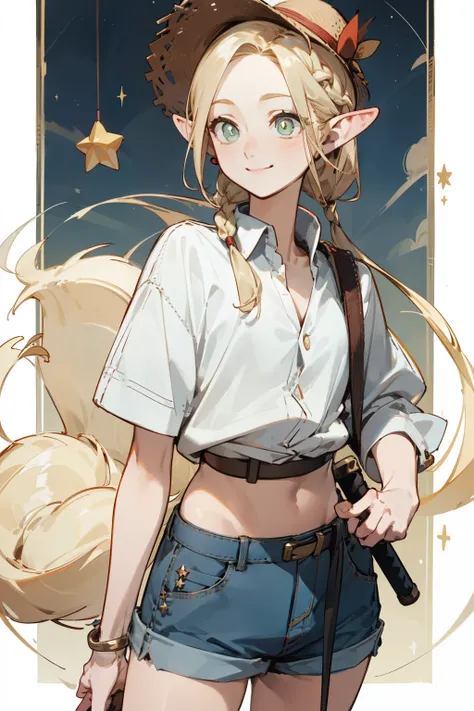 Wearing a bikini、Wearing a hat and a sword, Wearing headphones,(masterpiece, best quality) detailed,silver accessories , Blonde ,elegant, Pointed ears ，White shirt，shorts，Double tail，Waist-length hair，Smile，Star decoration，Wearing a straw hat