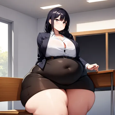 Cute tomboy girl wearing a business suit, she has very wide hips, her thighs are very thick, her legs are fat, her skirt is tight on her hips, her behind is plush and plump, she has love handles on her hips, fat love handles, shes chubby, she has a pudgy b...