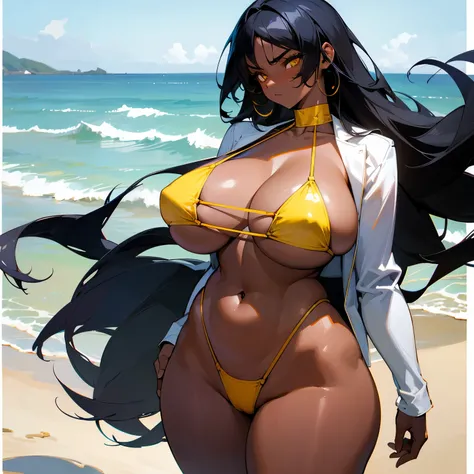 1girl, detailed face, detailed eyes, long hair, black hair, dark-skinned female, yellow eyes, serious, standing, huge ass, huge breasts, thick thighs, wide hips, bikini, string bikini, outdoors, beach 