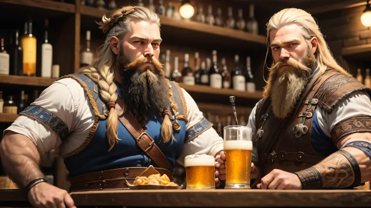 Oil painting of Two viking man with a beard, sitting at a Bar face to face cheering, drinking beer. painted portrait of rugged odin, portrait of a viking, viking style, viking culture, viking shaman, by Ásgrím Jónsson