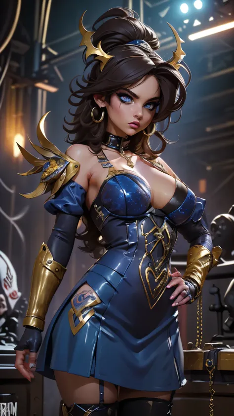 (masterpiece:1.2, best quality), (real picture, intricate details), (1lady, solo, curvy upper body, big ) The clothes are royal blue and gold ar：avant-garde，avant-garde，Experiment with appearance：curlies，Dramatic makeup，Unconventional fashion choice behavi...