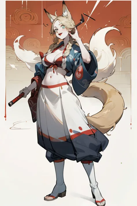 Upper body standing painting, White skin, (Fox ears), Exquisite eyes,Red Eyeshadow, Red lips，White skirt,Fake laugh, Ukiyo-e, masterpiece, high quality, at the lowest limit, Tiny,White boots，Huge breasts,The navel leaks out