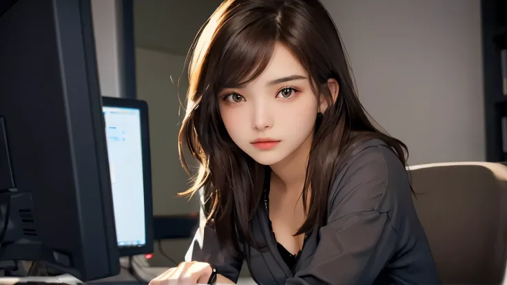 A beautiful woman. Twenty years old. Dark brown hair. She is sitting in front of the computer. She is looking at the camera with a defiant expression.