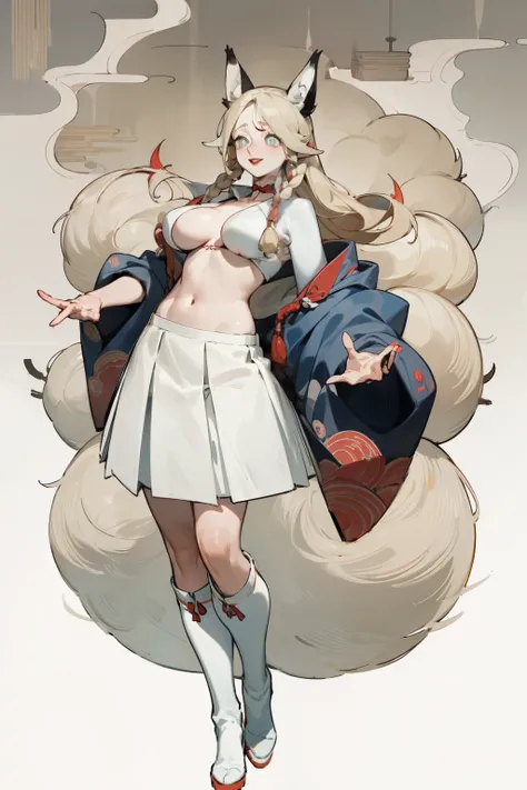 Upper body standing painting, White skin, (Fox ears), Exquisite eyes,Red Eyeshadow, Red lips，White skirt,Fake laugh, Ukiyo-e, masterpiece, high quality, at the lowest limit, Tiny,White boots，Huge breasts,The navel leaks out