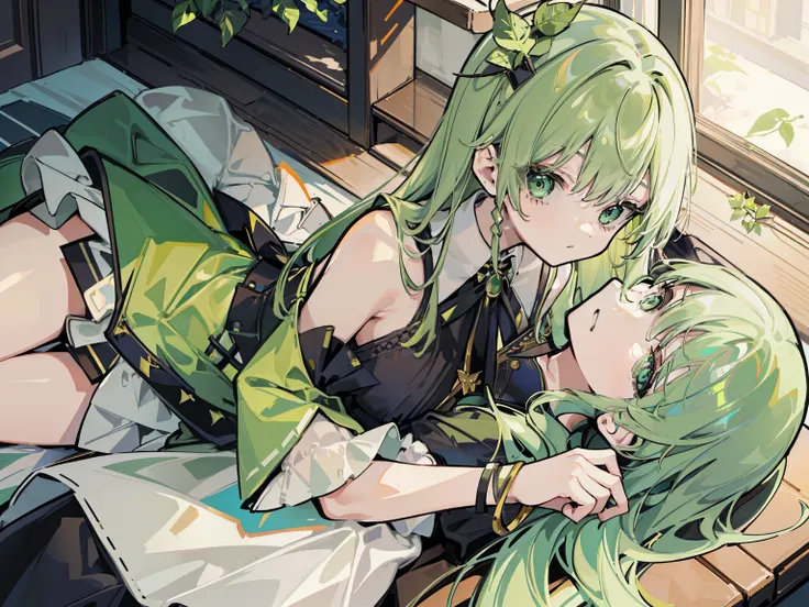 Tabletop,Very detailed,1 girl,alone、Very cute、Cool composition、Green Hair、Slicked back hair、Collared dresature Woman、Woman with olive oil motif、best scene、Cool composition、Leaf-inspired dress、Green Dress、Long Hair、Side part、Mature woman、Dress with black de...