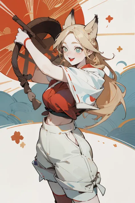 Upper body standing painting, White skin, (Fox ears), Exquisite eyes,Red Eyeshadow, Red lips，White shorts,Fake laugh, Ukiyo-e, masterpiece, high quality, at the lowest limit, Tiny,White boots，Huge breasts，Wearing a straw hat