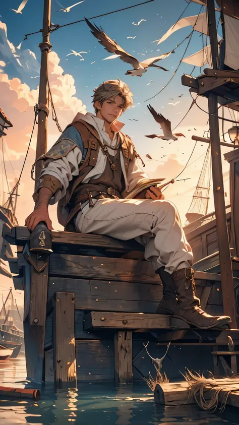 (a young fisherman, a commoner, in tattered white clothes,sitting,fishing on the harbor dock,medieval fantasy theme),[oil painting](best quality,4k,8k,highres,masterpiece:1.2),[dramatic lighting],[misty atmosphere],detailed waves,[old wooden fishing boat],...