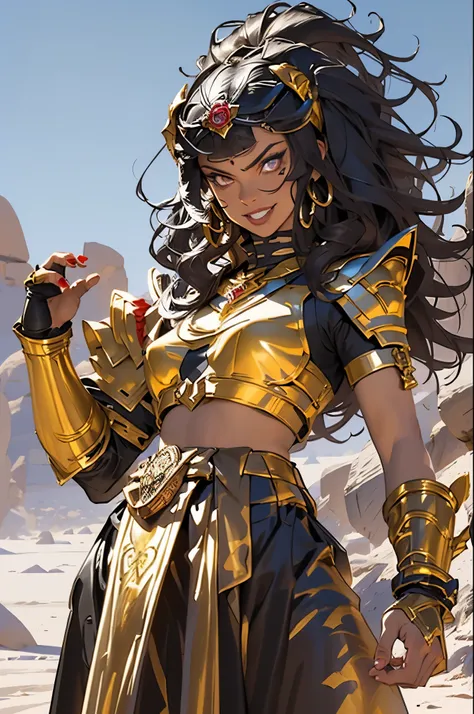 (Masterpiece, Best quality, high resolucion) 1 tall muscular black egyptian woman warrior with curly black hair and golden eyes, red and gold arabic armor, little smile, covered in tattoos, standing in a desert, ready to fight; action pose, dynamic angle, ...