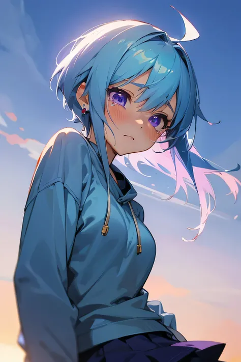 anime girl with light sky blue hair and purple eyes, crying, indigo sweatshirt, earring